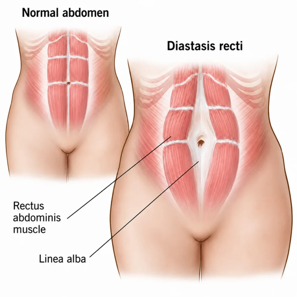 diastasis recti vs normal abdomen medical illustration
